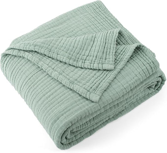 Carriediosa 100% Cotton Muslin Throw Blanket 50" X 70" Throw XL Size，4-Layers Summer Gauze Throws for Bed Couch，Soft Lightweight Breathable Linen Blankets Bedspread for Adults All Season，Sage Green