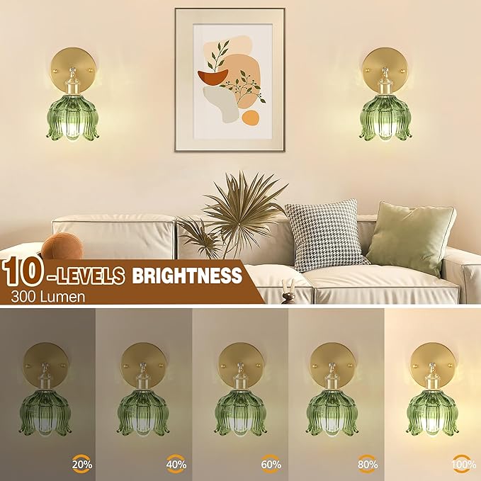 Vintage Battery Operated Wall Sconce with Remote Control,Wall Lamp with Flower lampshade,Rechargeable Battery Powered Wall Lights with 15 Colors for Beside Bedroom Living Room Doorway,Set of 2