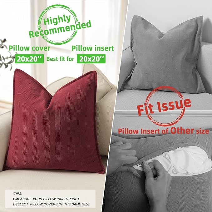 ZWJD Burgundy Pillow Covers 20x20 Set of 2 Chenille Throw Pillow Covers with Elegant Design Soft and Luxurious Decorative Throw Pillows for Couch, Bed, and Home Decor