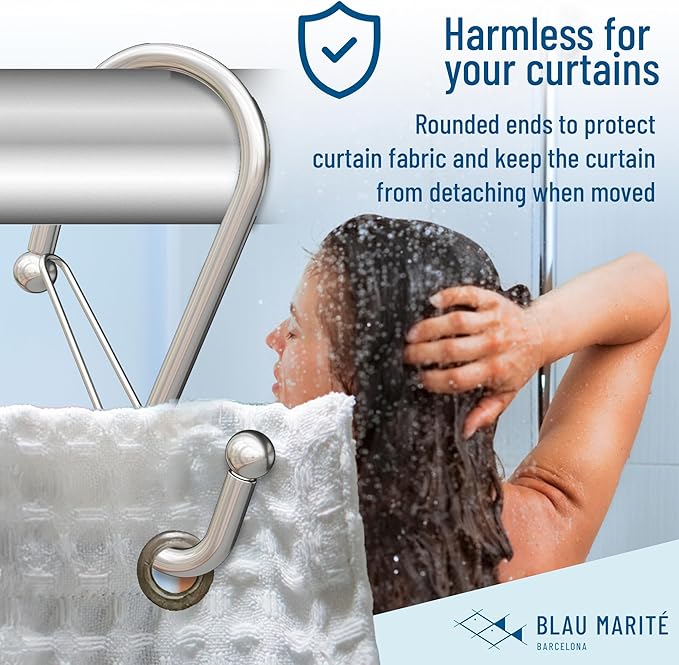 Set of 12 Silver Metal S Hook Shower Hooks 1” – Closed, Heavy Duty, Long Decorative Shower Curtain Hooks, Easy Glide, Buckle, Large Rust Resistant Rings for Bathroom Rods (Silver, S)