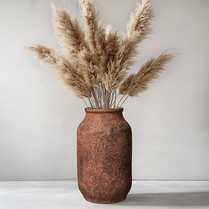 Terracotta Vase, Large Rustic Ceramic Vase, Farmhouse Decor for Living Room, Shelf, Mantle, Entryway, Room Decor, 9 Inch, Brown