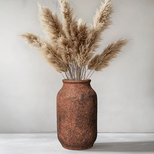 Terracotta Vase, Large Rustic Ceramic Vase, Farmhouse Decor for Living Room, Shelf, Mantle, Entryway, Room Decor, 9 Inch, Brown