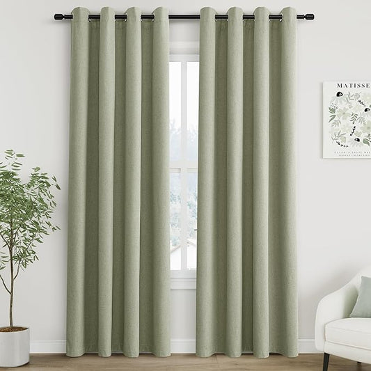 Grommet Sage Green Blackout Linen Curtains 84 inches Long for Bedroom Full Light Blocking Thermal Insulated Black Out Curtain Panels 84 inch Length Energy Saving Room Darkening Curtain White Backing
