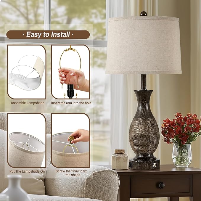 28" Rustic Farmhouse Lamps for Living Room Set of 2 Bedside Table Lamps for Bedroom Nightstand with USB A+C Charging Ports, 3-Way Dimmable Touch Lamp, Brown, Linen Lampshade, LED Bulbs Included
