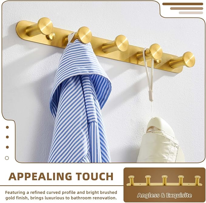 Angle Simple Towel Hook Rack Brushed Gold, SUS304 Stainless Steel Bathroom Hook Rail 5 Hooks, Utility Kitchen Towel Holder, Wall Mount