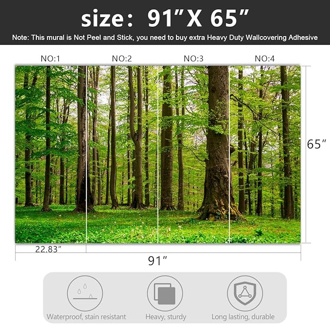 -Green Forest Landscapes Woodland Tree Fabric Wallpaper Living Room Bedroom Bathroom Jungle Wall Mural- 91"x65"（ not Peel and Stick）