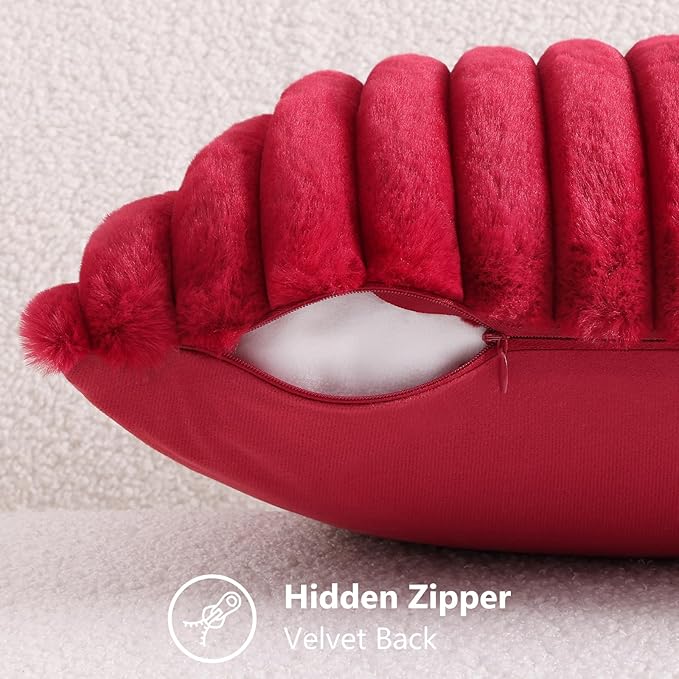 decorUhome Faux Fur Christmas Throw Pillow Covers 22x22 Set of 2, Decorative Soft Plush Striped Neutral Couch Euro Pillow Covers with Velvet Back for Sofa, Bed, Living Room Home Decor, Red