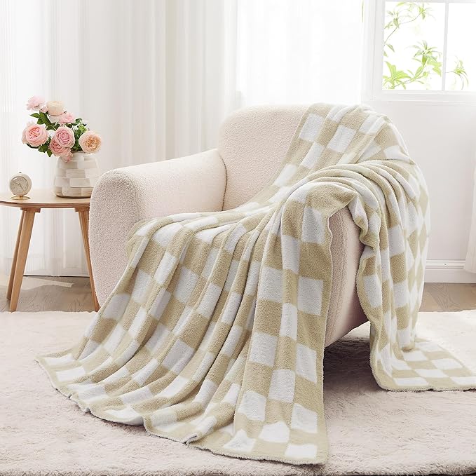 JOOJA Soft Cozy Checkerboard Beige Knit Throw Blanket for Couch Plaid Checkered 60x80 in