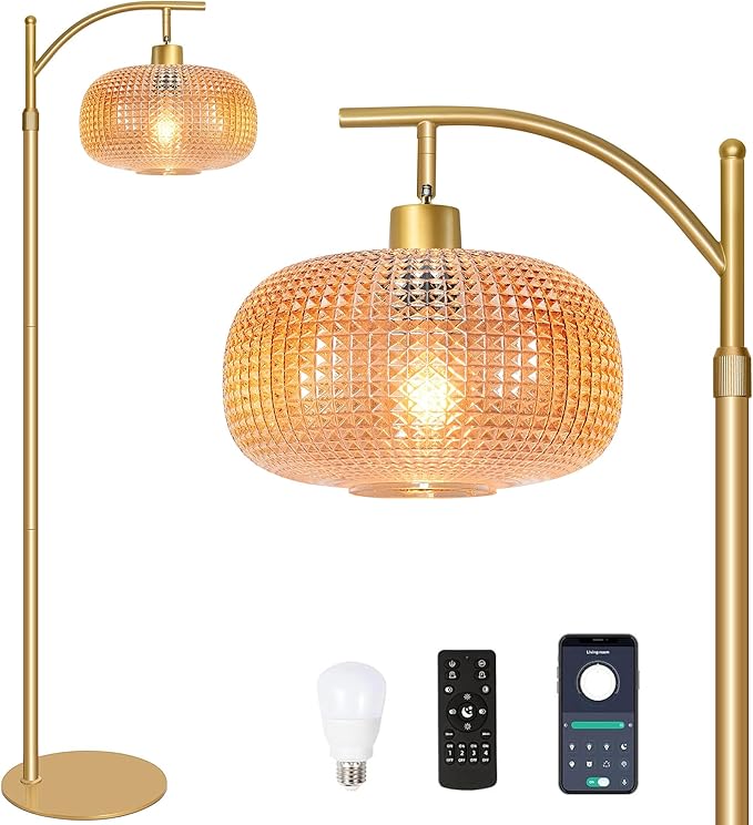 Glass Floor Lamp for Living Room with Amber Glass Lampshade, Dimmable Modern Floor Light with 12W LED Bulb, Remote Control Tall Standing Lamp for Bedroom