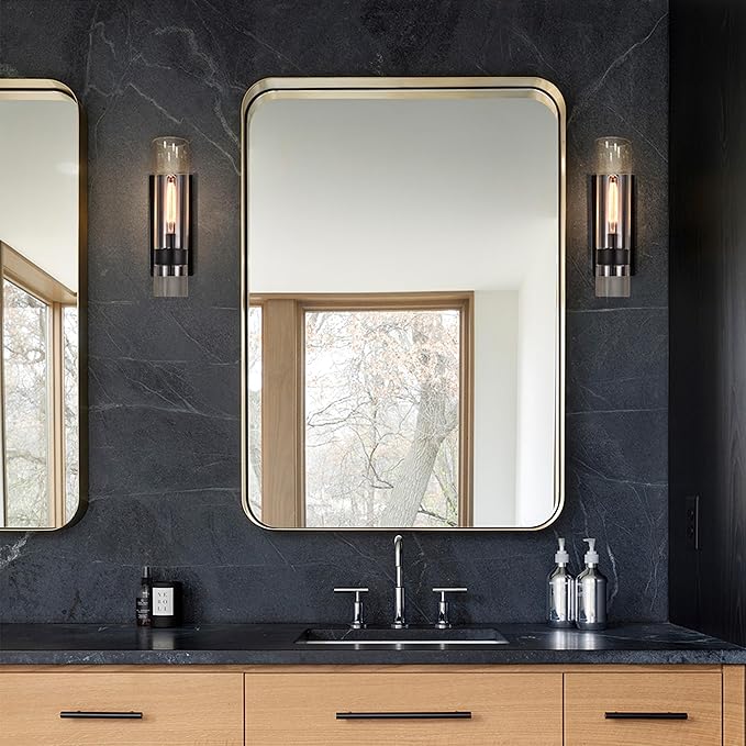 Indoor Wall Sconces Set of Two, Modern Black Bathroom Sconces Wall Decor with Cylinder Glass, Wall Lamps for Bedroom Hallway Vanity Kitchen Lighting Fixtures Set of 2