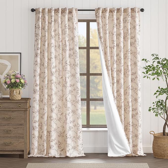 Lazzzy Farmhouse Lined Linen Taupe Floral Curtains 96 Inch Long Back Tab Drapes for Living Room Bedroom Light Filtering Country Vintage Rod Pocket, 2 Panels, Taupe on Beige
