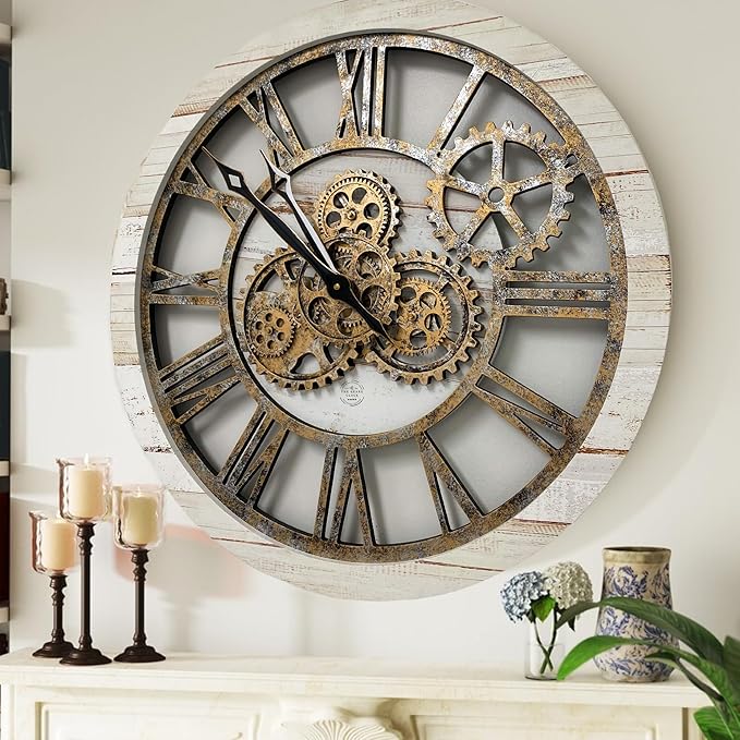 ImprovingLife The Gears Clock The Original Real Moving Gear Wall Clock Vintage Industrial Oversized Rustic Farmhouse (24 inch (60cm), Vintage Desert Beige and Bronze)