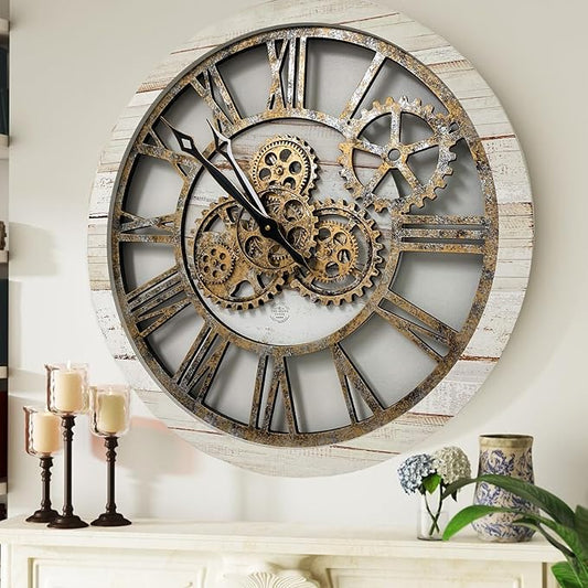 ImprovingLife The Gears Clock The Original Real Moving Gear Wall Clock Vintage Industrial Oversized Rustic Farmhouse (24 inch (60cm), Vintage Desert Beige and Bronze)