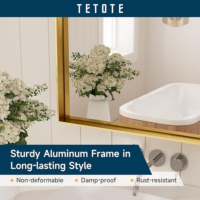 TETOTE 30 x 36 Gold Arched Mirror for Bathroom Brushed Gold Arch Metal Framed Mirrors Wall Mounted, Tempered Glass Shatterproof Decorative Mirror for Modern Home Decor