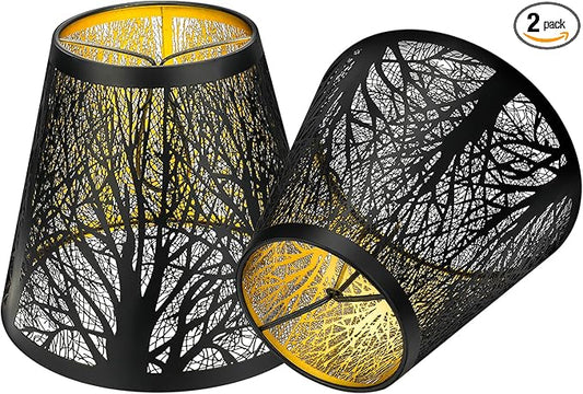 Chandelier Shades, Small Lamp Shade Clip on Bulb Set of 2 for Candelabra Bulbs, ALUCSET Barrel Metal Lamp Shade with Pattern of Trees for Table Chandelier Wall Lamp 4 x 7 x 6 Inch 2 PCS Pack