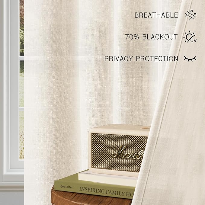 HESTIA White Linen Curtains for Living Room 96 Inch Length 2 Panels Rod Pocket Back Tab Drape Light Filtering Neutral Country Rustic Farmhouse Boho Bedroom Curtain (96" L x 42" W)