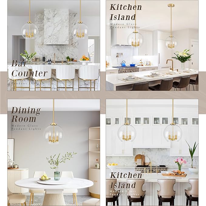 12" Gold Pendant Lights Glass Globe Pendant Light Fixture Bedroom Mid Century Modern Pendant Lighting Brass Pendant Light for Kitchen Island Bedroom Living Room Dinning Room (Bulb Incl.)