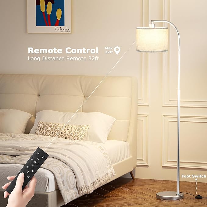 Arc Floor Lamp with Remote and Stepless Dimmable Bulb, Colors Temperature & Brightness Adjustable, Floor Lamps for Living Room（Grey Shade & Silver Pole）