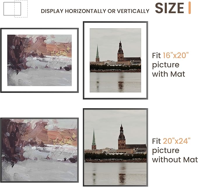 20x24 Picture Frame, 20x24 Metal Picture Frame With Mat For 16x20 Photo, Aluminum Metal Poster Frame with High Definition Plexiglass, Display for Wall Mounting or Tabletop Pack of 1,Black