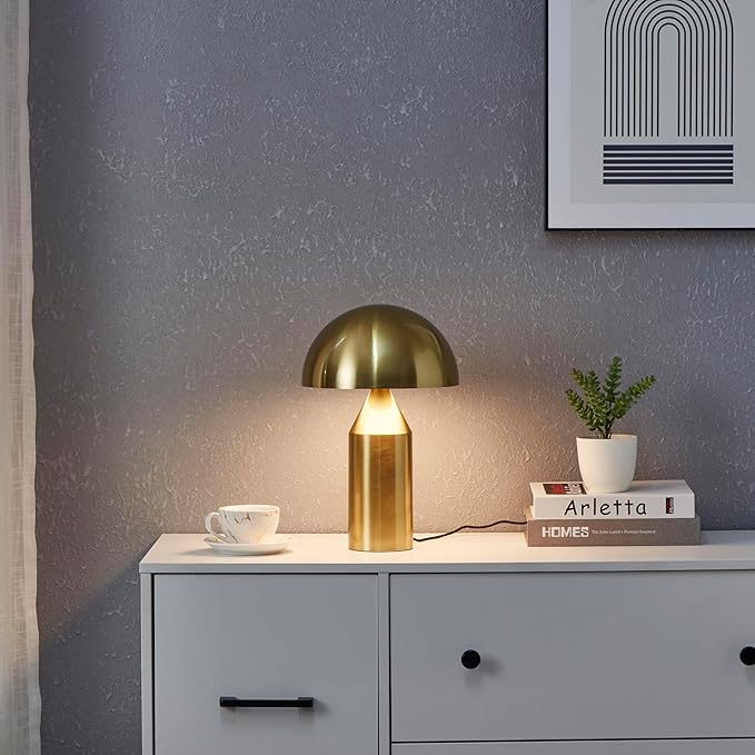 Brightech Venus Mushroom Table Lamp - Modern Lamp for Living Room, Bedroom Side/End Table - Dimmable, Unique Side Table LED Lamp Shade for Office, Reading - Brass/Gold, 14" Tall