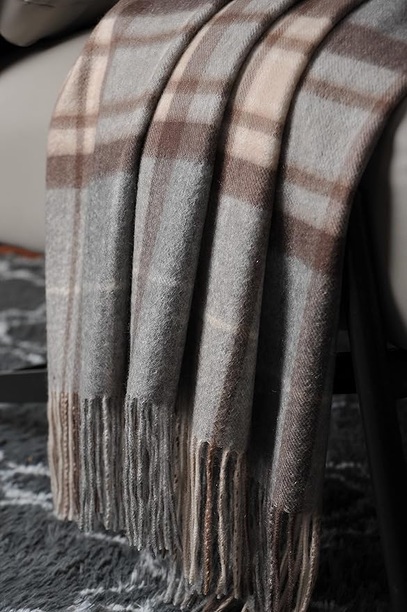 EP Mode 100% Pure Cashmere Throw Blanket for Sofa, Classic Design with Gift Box (Grey Tartan)