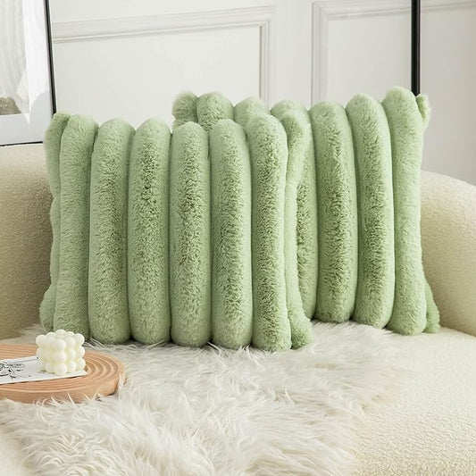 Neelvin Green Faux Fur Cozy Soft Striped Decorative Throw Pillow Covers 16x16 inch Set of 2,Velvet Pillowcase Cushion Case for Sofa Couch