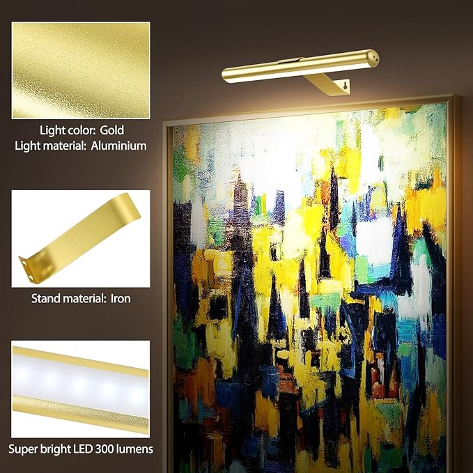 TINTINDOC 22'' Picture Light Gold for Painting with 3 Lighting,Rechargeable Wall Art Light for Painting Brightness Dimmable,Battery Display Accent Light for Picture Gallery Poster Frame Dartboard