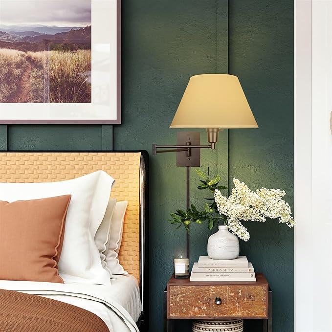 Kira Home Cambridge 15" Swing Arm Wall Lamp - Plug in/Wall Mount, Opaque Paper Shade, 150W 3-Way + Cord Covers, Black Finish