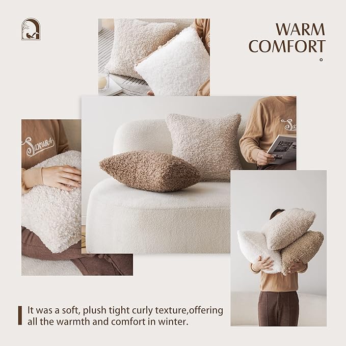 Foindtower 2 Pieces 26x26 Inch Chocolate, Faux Fur Throw Pillow Cover Accent Sherpa Pillow Fuzzy Soft Pillowcases Sheepskin Decorative Fleece Cushion Case for Bed Couch Living Room
