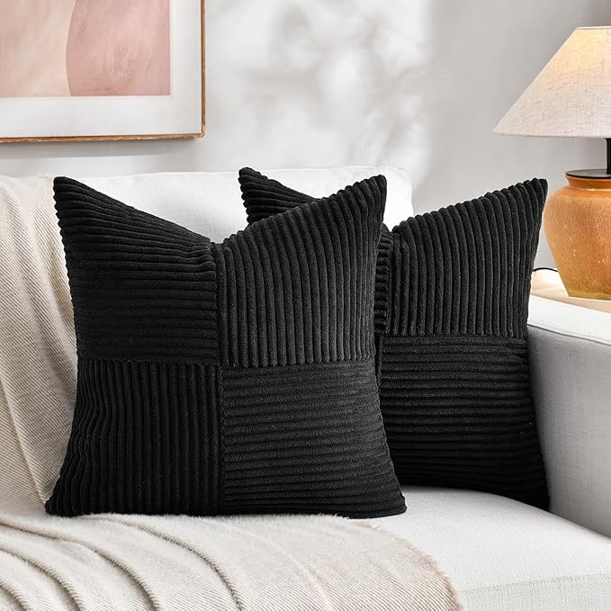 Fancy Homi Black Decorative Throw Pillow Covers 20x20 Inch for Living Room Couch Bed Sofa, Rustic Farmhouse Boho Home Decor, Soft Corss Corduroy Patchwork Accent Square Cushion Case 50x50 cm