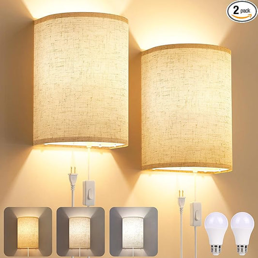 Plug in Wall Sconces Set of Two: Wall Lights with On/Off Switch - Stepless Color Temperature Wall Mount Lamps - Fabric Linen Wall Sconce for Bedroom Living Room & Hallway- Indoor Corded Wall Sconces