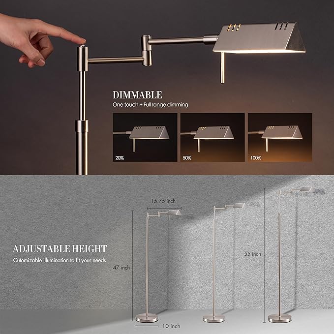 O’Bright Dimmable LED Pharmacy Floor Lamp, 12W LED, Full Range Dimming, 360 Degree Swing Arms, Adjustable Heights, Standing Lamp for Reading, Sewing, and Craft, ETL Listed, Brushed Nickel