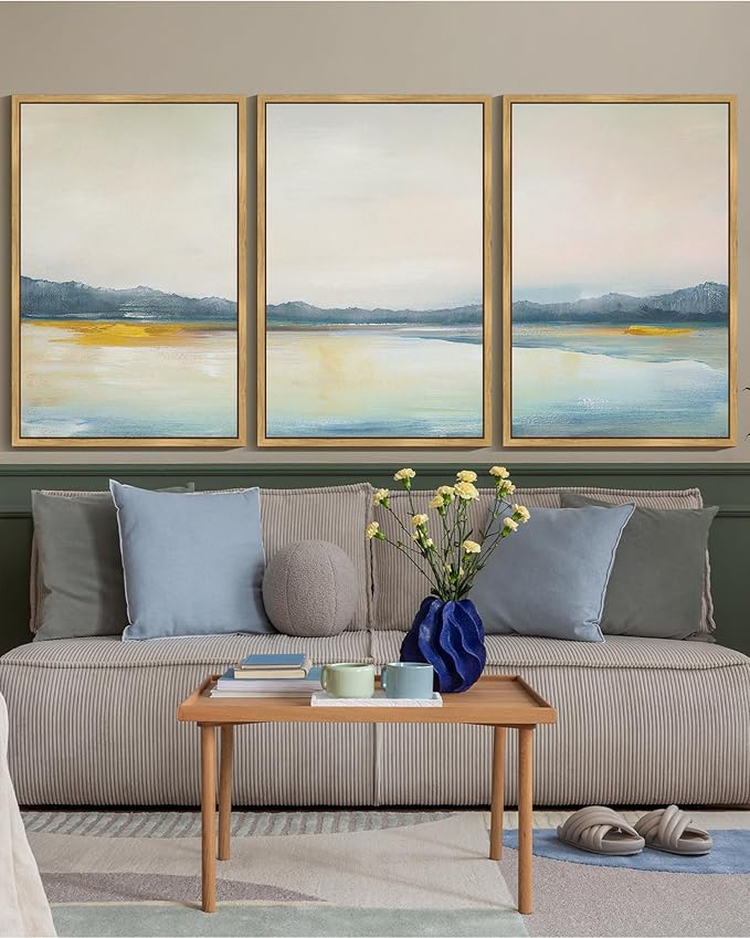 KUVIOKE Abstract Landscape Framed Wall Art Minimalist Neutral Illustrations Modern Art Decorative Nordic Home Decor 24x36in (Natural Framed)