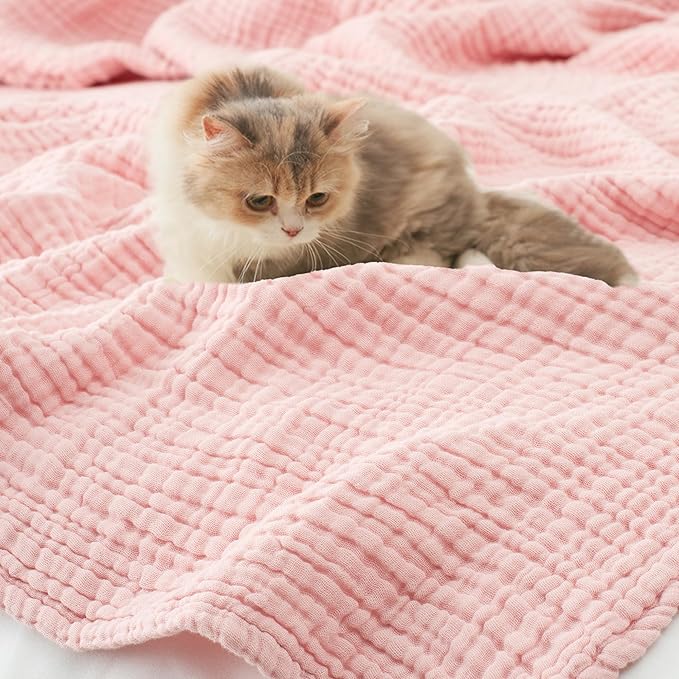 Carriediosa 100% Cotton Muslin Throw Blanket 108" X 90" King Size，4-Layers Summer Gauze Throws for Bed Couch，Soft Lightweight Breathable Linen Blankets Bedspread for Adults All Season，Dusty Pink