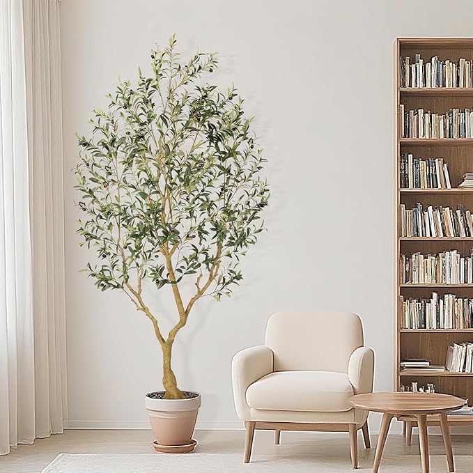 Faux Olive Tree 7FT, Olive Trees Artificial Indoor, Large Fake Tree with Realistic Leaves Branches and Lifelike Fruits for Home Office Living Room Decor