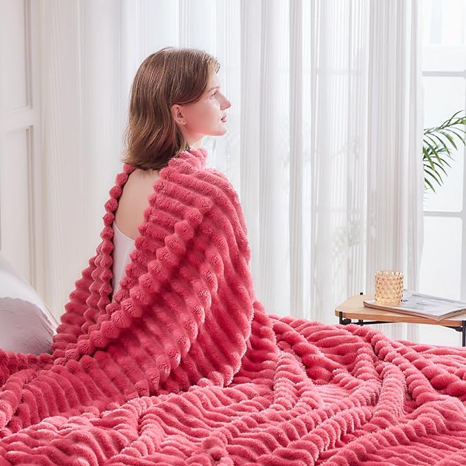 NEWCOSPLAY Super Soft Throw Blanket Coral Pink Premium Silky Flannel Fleece 3D Ribbed Jacquard Lightweight Bed Blanket All Season Use (Coral Pink Ribbed, Throw(50"x60"))