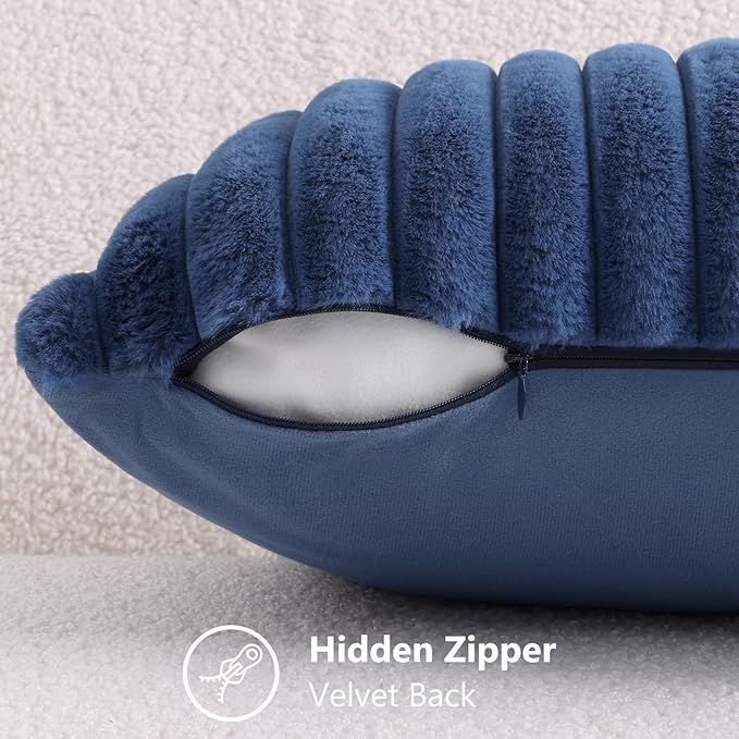 decorUhome Faux Fur Throw Pillow Covers 16x16 Set of 2, Decorative Soft Plush Striped Neutral Couch Euro Pillow Covers with Velvet Back for Sofa, Bed, Living Room Home Decor, Blue