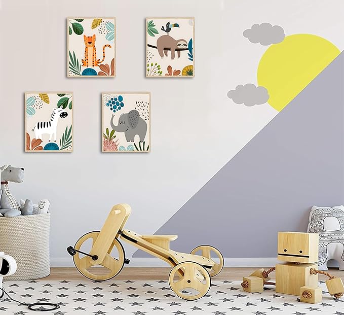 FJKLRP 4pcs Safari Nursery Wall Art Zebra elephant tiger monkey Pictures Poster Cute Animal Canvas Paintings Prints Decor for Kid Room Baby Room Wall Decor Unframed