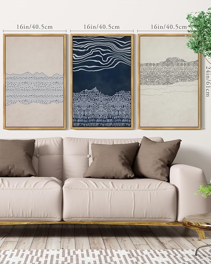 KUVIOKE Navy Blue Abstract Framed Wall Art Modern Neutral Minimalist Wooden Pastel Boho Wall Decor Farmhouse Rustic Art Painting Home Decor 16x24in (Natural Framed)