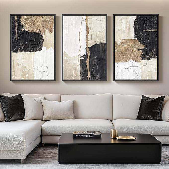 Framed Black and White Abstract Wall Art for Living Room, 3 Piece Large Canvas Modern Picture Artworks, Minimalist Black Gold Painting Prints for Dining Room Hallway Home Office Wall Decor, 24x36 Inch