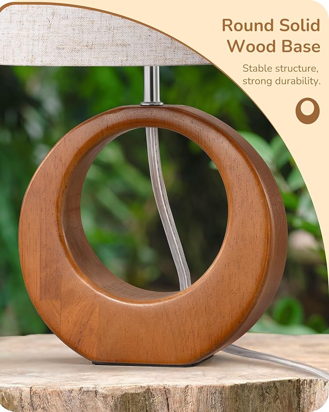 EDISHINE 13.4" Small Table Lamp, Wood Nightstand Lamp with Beige Linen Lampshade & ON-Off Switch, E26 Base, Boho Bedside Lamp for Living Room, Bedroom, Dark Pearwood