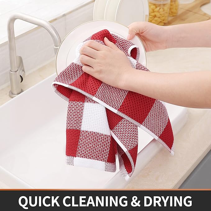 Homaxy 100% Cotton Waffle Weave Check Plaid Kitchen Towels, 13 x 28 Inches, Super Soft and Absorbent Dish Towels for Drying Dishes, 4-Pack, White & Red