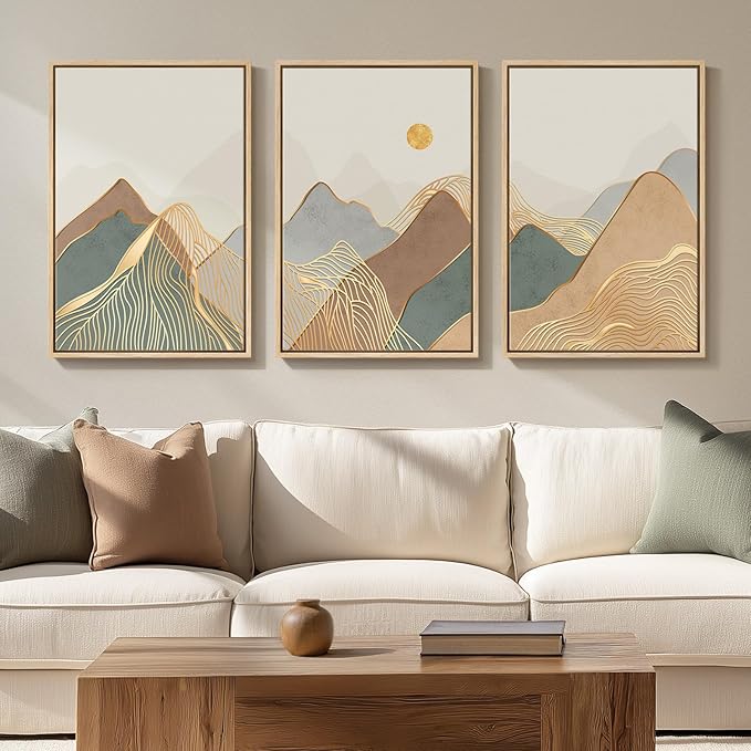 Framed Boho Mountain Wall Art for Living Room, Large Modern Canvas Nature Landscape Prints Artwork for Walls, Minimalist Sun Line Painting, Hallway, Bedroom, Kitchen, Office Wall Decor, 16x24 Inch