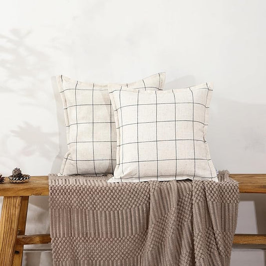 24x24 inchesoff-White and Black Striped Checkered Linen Pillow Cover Features a Classic Hemmed Edge Design, exuding Simplicity and Elegance. It is Suitable for Various Home Decor Styles,