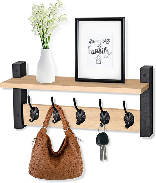 Sorbus Coat Hooks Wall Mount with Shelf – 16 Inch Coat Rack Wall Mount with 5 Heavy Duty Hooks – Floating Wall Shelf with Hooks for Entryway, Bathroom, Bedroom, Kitchen, or Mudroom (Maple Wood)