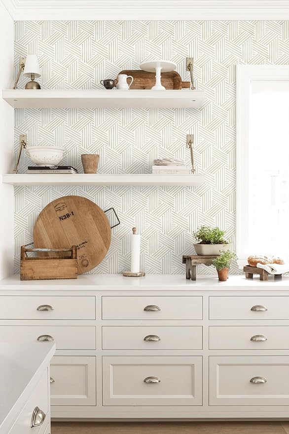 Ismoon 362"x17.3" Boho Wallpaper Modern Peel and Stick Wallpaper White Beige Geometric Contact Paper Neutral Line Removable Wall Paper Textured Hexagon Renter Friendly Kitchen Bathroom Vinyl Roll