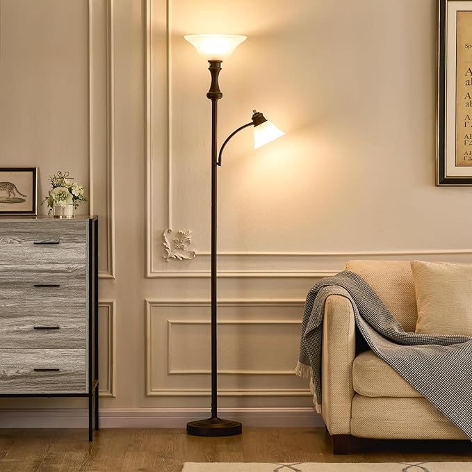 71'' Torchiere Floor Lamp for Bedroom with Glass Shade, Tall Floor Lamps for Living Room with Adjustable Angle Arc Reading Light, Modern Standing Light, Knob Switch, Bulb Included, Red Brown