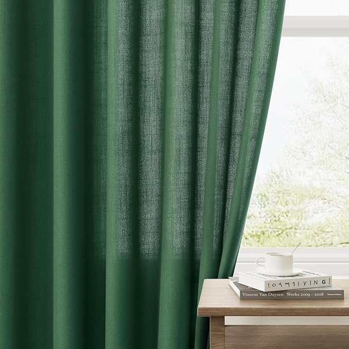 Guken Green Linen Curtains 96 Inch Length for Living Room Bedroom 2 Panels Set Rod Pocket Light Filtering Semi Sheer Window Curtains 52 Inch Width Boho Farmhouse Linen Drapes, W52xL96
