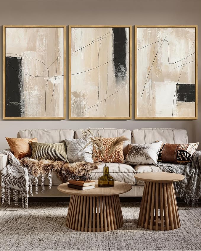 KUVIOKE Abstract Framed Wall Art Minimalist Beige Pastel Watercolor Neutral Wall Decor Modern Black Line Art Painting Home Decor 24x36in (Natural Framed)