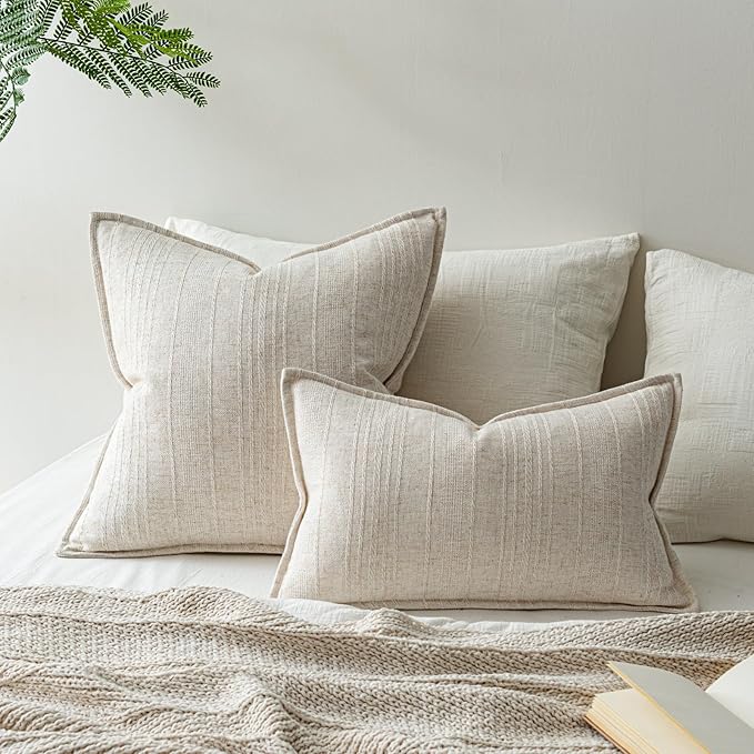 a moment Linen Pillow Covers Set of 2,Boho Farmhouse Throw Pillowcases Neutral Textured Decorative Covers for Couch Sofa Bed, Soft Linen Blend Accent Case Cushion Living Room Home Decor 20"x12"Ivory